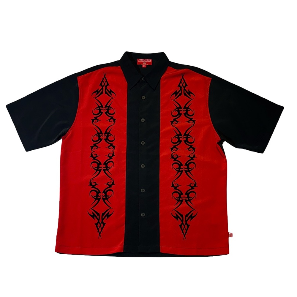 JNCO Jeans men’s XL red black Y2K short sleeve button up casual shirt EUC